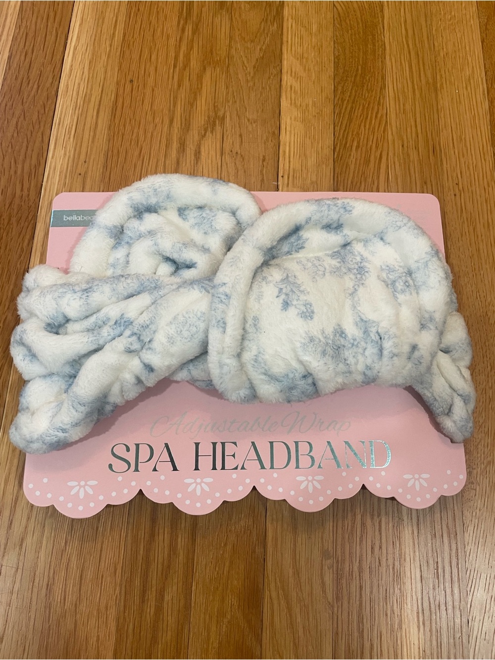 Spa Headband Twist/Adjustable Wrap Design - Light Blue Floral Toile